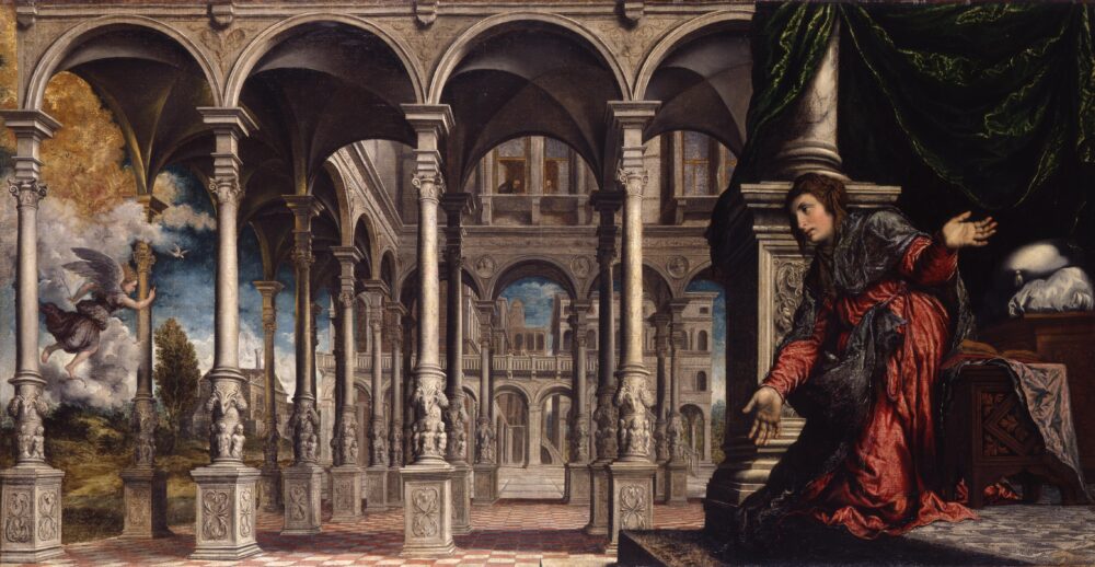 Paris Bordon, Annunciazione , 1545 - 1550 circa, olio su tela, cm 102 × 196, Caen, Musée des Beaux - Arts, inv. 67.1.1 CREDITO FOTO : Musée des Beaux - Arts de Caen, Photo M. Seyve