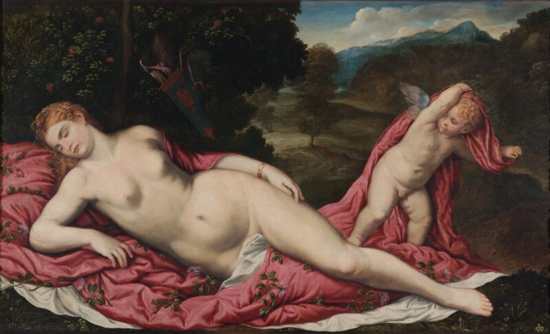 Paris Bordon, Venere dormiente e Cupido , 1550 - 1555 circa, olio su tela, cm 82 × 137, Venezia, Direzione Regionale Musei Veneto - Galleria Giorgio Franchetti alla Ca’ d’Oro, cat. d. 39 CREDITO FOTO: Venezia, Galleria Giorgio Franchetti alla Ca’ d’oro - Direzione Regionale Musei Veneto, su conces sione del Ministero della Cultura.