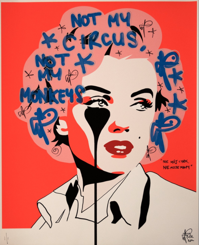 Pure Evil, Arthur’s Miller Nightmare -Not my circus, not my monkeys (2022), 3-colour screenprint handfinished with Krink ink on 330gsm Fedrigoni paper, edition of 1, signed and numbered, 70 x 85 cm, credits Elena Domenichini