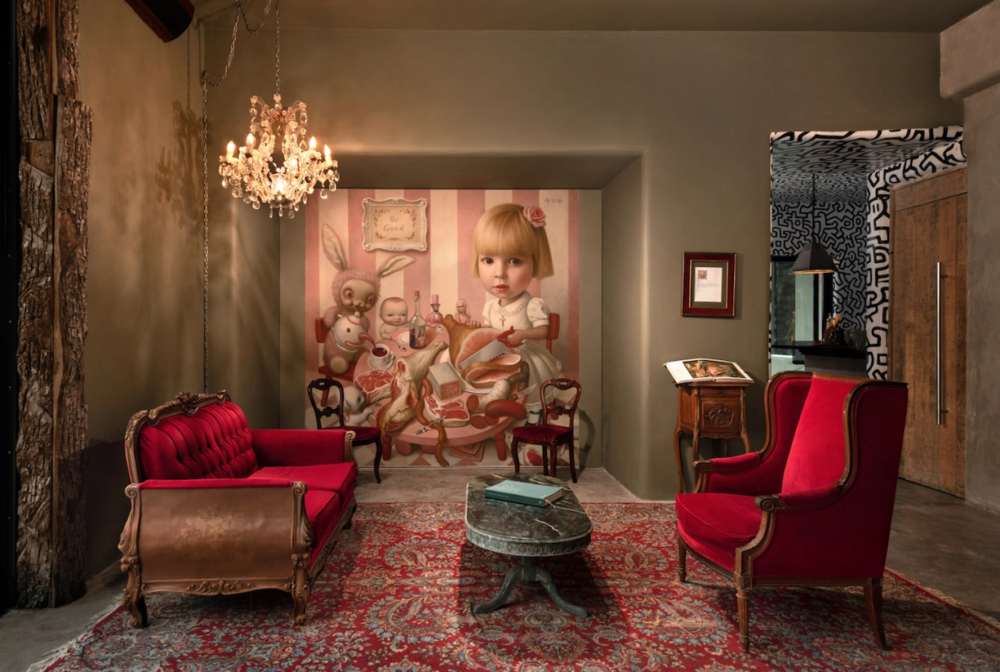 Installation view with Mark Ryden, Rosie’s Tea Party (2005). Image courtesy Lio Malca and Casa Malca.