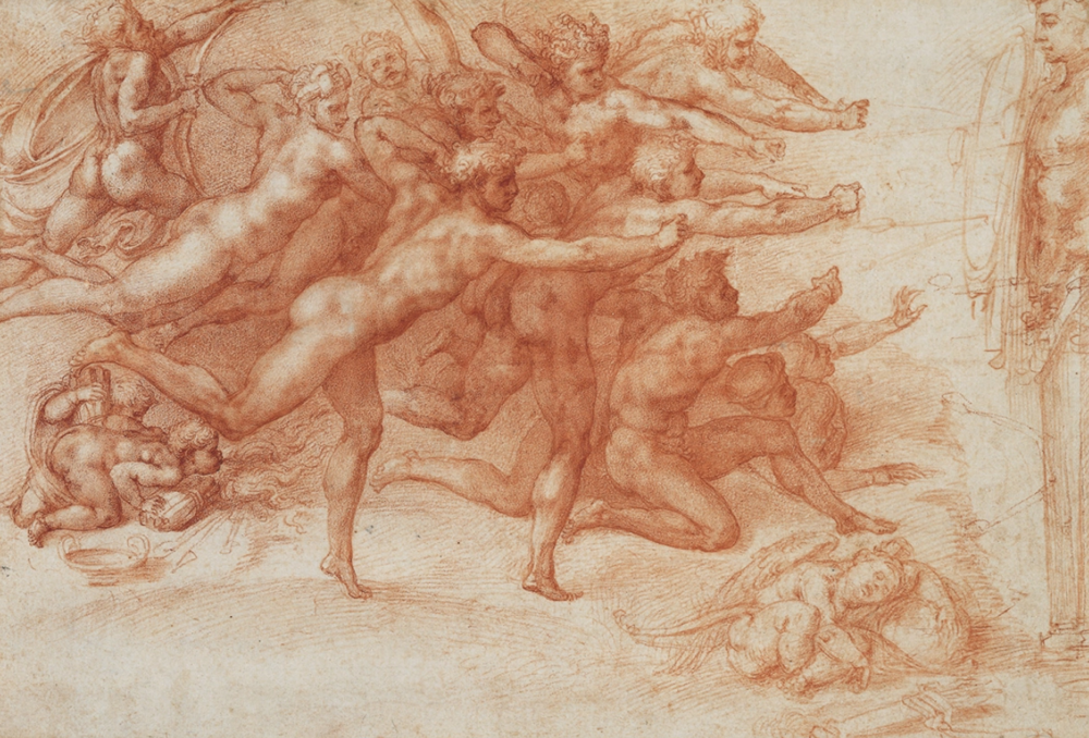 Michelangelo Buonarroti: Archers shooting at a herm, ca. 1530, red chalk on paper, 13 by 9 inches.