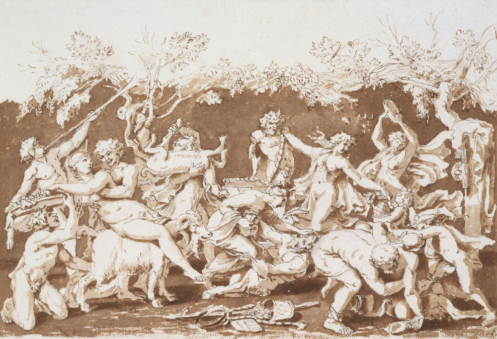 Nicolas Poussin: Triumph of Pan, ca. 1635, pen and ink with wash, black chalk, and stylus on paper, 9 by 13 inches.