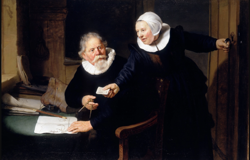 Rembrandt van Rijn: The Shipbuilder and his Wife, 1633, oil painting, 45 by 67 inches.