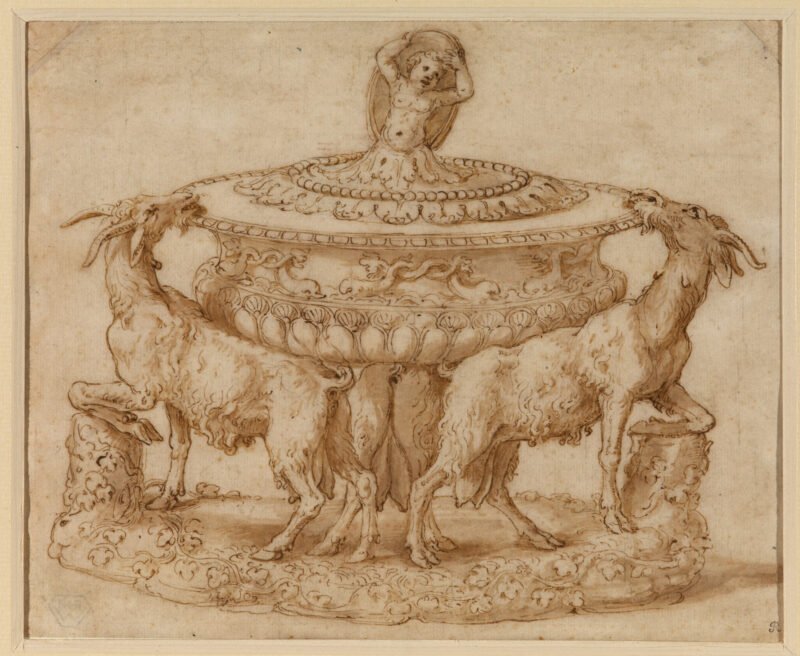 10. Giulio Romano (ca. 1492 o 1499 - 1546) Progetto per saliera ca. 1537 - 1546 Penna e inchiostro bruno, acquerellato, pietra nera, stilo, 181 x 219 mm Londra, The Courtauld © The Courtauld / Bridgeman Image