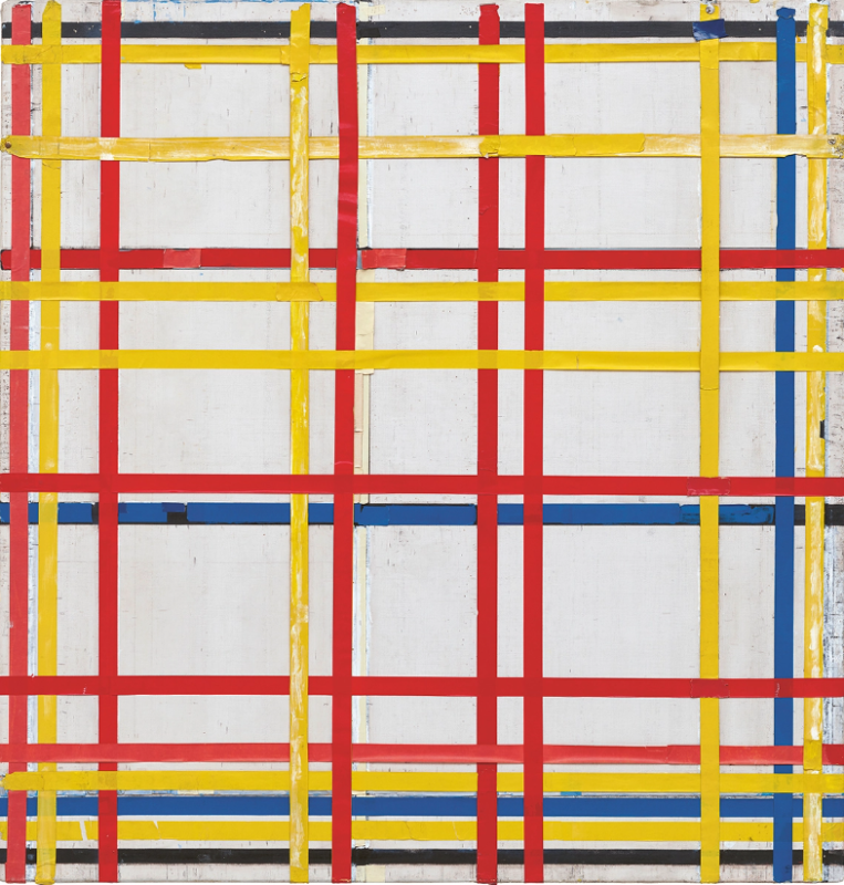 Piet Mondrian: New York City 1, 1941, oil and paper on canvas, 47 by 45 inches. © 2022 MONDRIAN/HOLTZMAN TRUST; KUNSTSAMMLUNG NORDRHEIN-WESTFALEN, DÜSSELDORF; PHOTO WALTER KLEIN, DÜSSELDORF