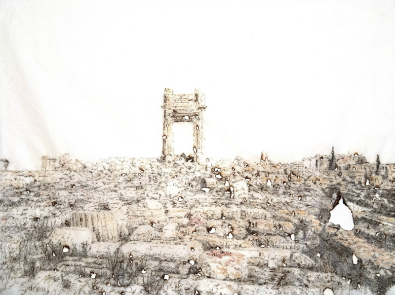 Palmyra Syria (2017) disegno bruciato e matite colorate, cm 92 x 122 - courtesy l'artista e BLINDARTE