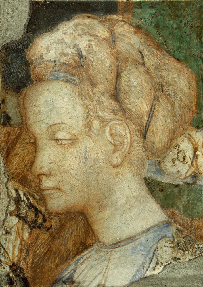 Pisanello, Testa di donna (1430-1435; Dipinto murale staccato, 24 x 17 cm Roma, VIVE – Vittoriano e Palazzo Venezia)