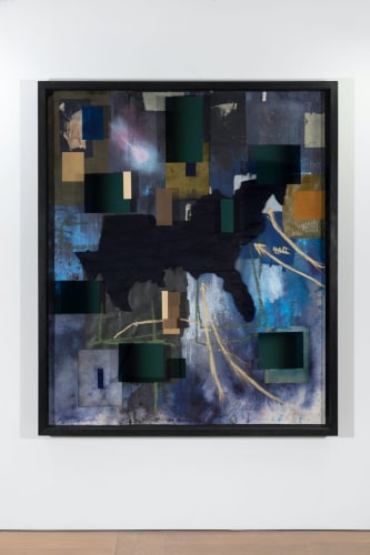 Radcliffe Bailey Slow Blues, 2021 mixed media including flock, map of Southern US in foamcore and acrylic paint on paper with window tint elements adhered to glazing 72 x 60 x 6 inches