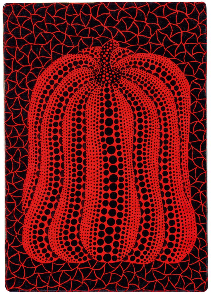 Yayoi Kusama (nata a Matsumoto, Giappone, nel 1929) Pumpkin KKK, 2002, firmato, datato e intitolato sul retro, acrilico su tela, 22,7 x 15,8 cm, in teca di plexiglas, stima € 250.000 - 350.000