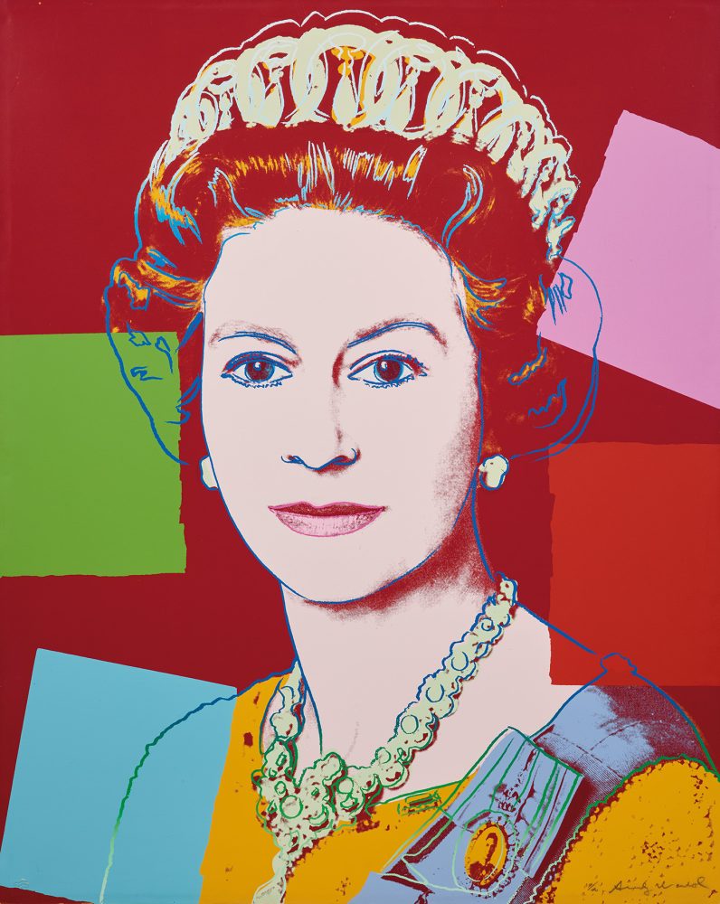Andy Warhol (Pittsburgh 1928-1987 New York) Queen Elizabeth II of the United Kingdom, from Reigning Queens, 1985, signed in pencil and numbered 9/40, color screenprint on Lenox Museum Board with embossing by printer Rupert Jasen Smith, New York, edited by George CP Mulder, Amsterdam, 100 x 80 cm, in plexiglass case, estimate €150,000 - 200,000