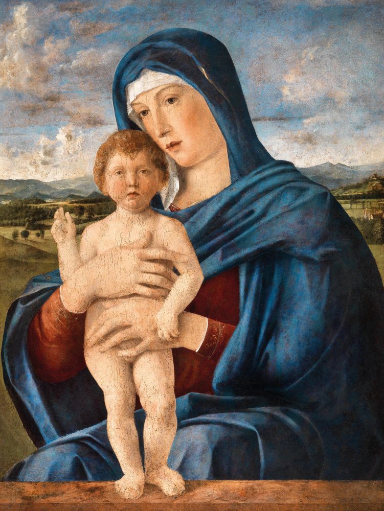Giovanni Bellini e assistente (Venezia o Padova 1430 circa -1516 Venezia), Madonna con il Bambino, olio su tavola e tela, 79,5 x 59,5 cm, prezzo realizzato € 1.402.500