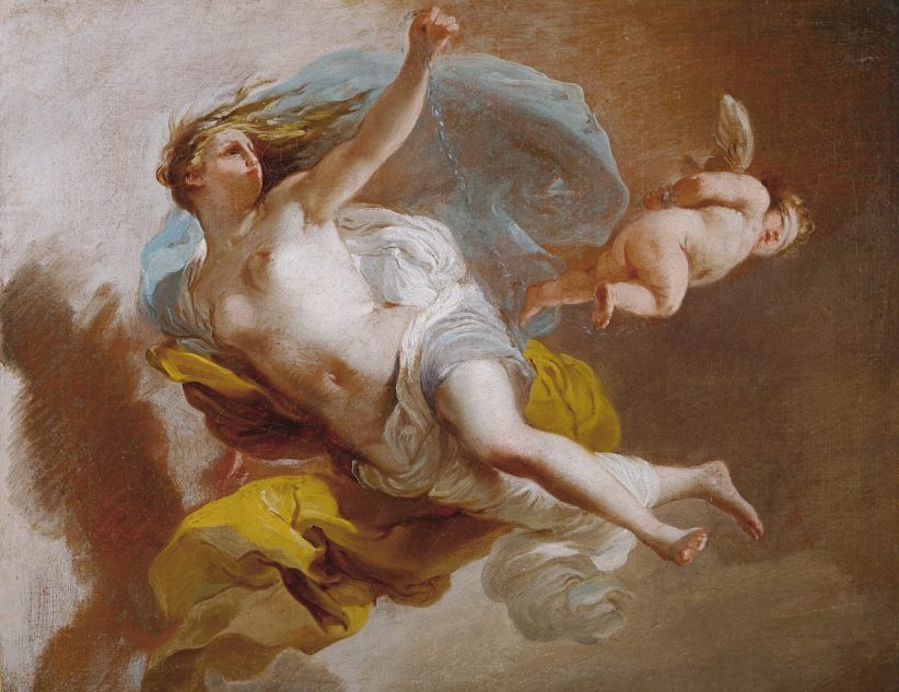 GAETANO GANDOLFI ( San Matteo della Decima 1734 – Bologna 1802 ) Venere incatena Amore 1770 – 1772 Olio su tela, cm 34,5×44,5 Bozzetto per l’affresco di un soffitto in casa Gini, Bologna..