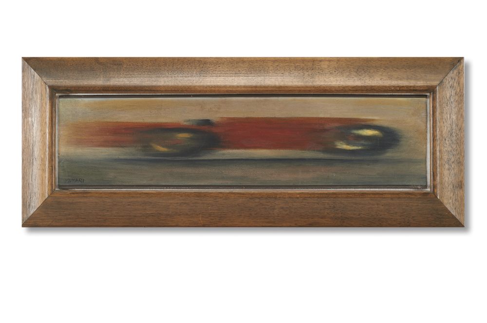 Lotto 8 Bruno Munari, "Auto in corsa", 1930-1935 circa, olio su tavola di cartone pressato con preparazione in gesso, cm 17,5x69,5. Opera accompagnata da certificato di autenticità su fotografia firmato dall'artista in data 18-10-85. Venduto € 75.000