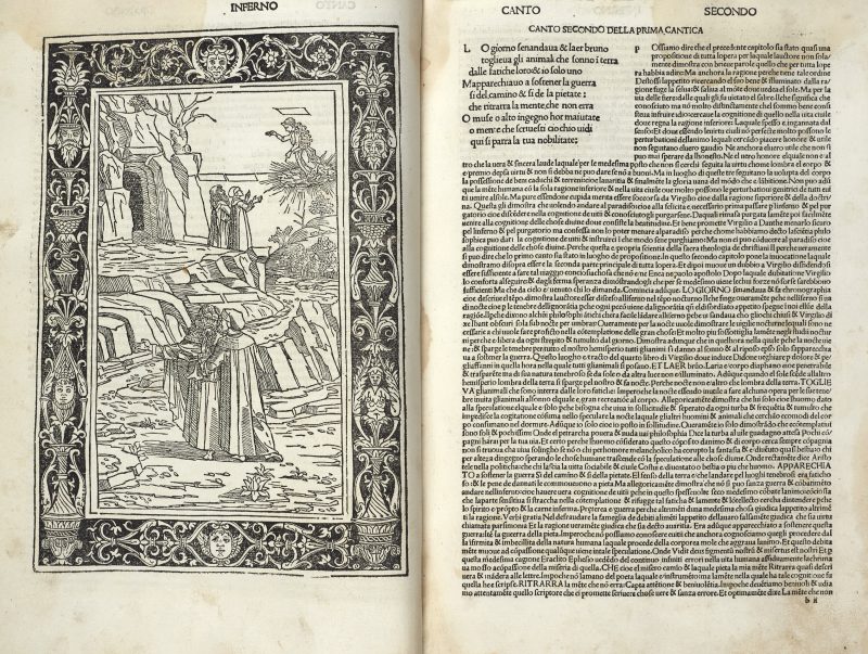 Lotto 33 Dante Alighieri (1265-1321) - La Commedia. Brescia: Bonino Bonini, 31 maggio 1487. Una delle più importanti edizioni della Commedia del Quattrocento e capolavoro della tipografia bresciana del XV secolo: si tratta infatti della prima volta in cui sia l'Inferno che il Purgatorio sono completamente illustrati. Stima € 30.000 - 50.000