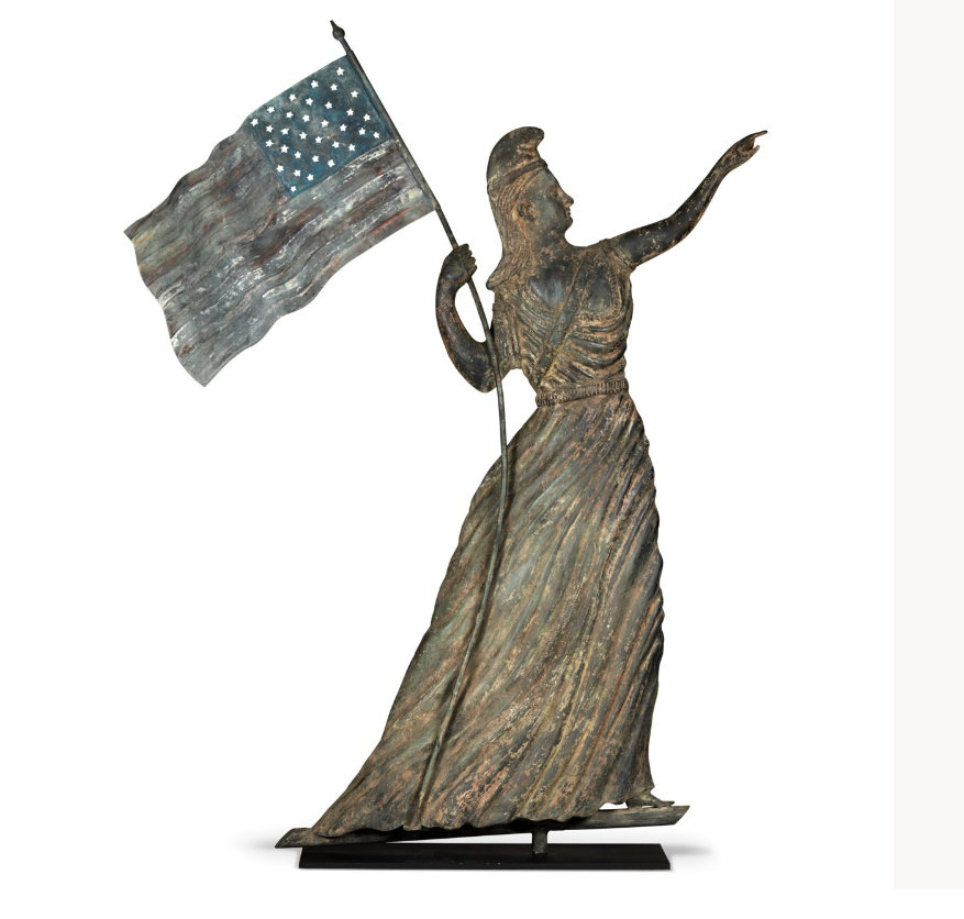 PROPERTY FROM THE ESTATE OF ANNE AND GILBERT HUDSON Possibly J.L. Mott Ironworks, New York, 1880-1900 A Molded Zinc And Copper Goddess Of Liberty Weathervane 32 1/4 in. high, 26 1/2 in. wide Estimate: $100,000-200,000