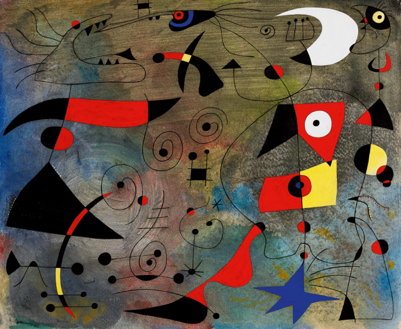 Joan Miró Donna e uccelli ( Femme et oiseaux ), 1940 Gouache e olio su carta 38 x 46 cm Courtesy The David & Ezra Nahmad Collection © Successió Miró, 2022