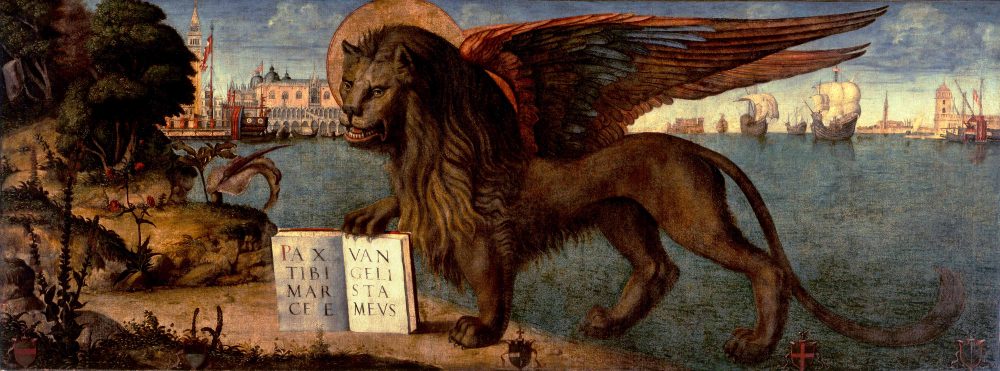 Vittore Carpaccio: Il leone di san Marco, 1516, olio su tela, 130 × 368 cm. Venezia, Fondazione Musei Civici, Palazzo Ducale