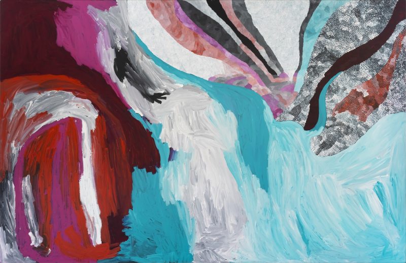 Sally Gabori, Amanda Gabori & Elsie Gabori Pat and Sally’s Country, 2011 Synthetic polymer paint on linen, 198 × 305 cm Patricia Roberts, Melbourne, Australia © The Estate of Sally Gabori. Photo © Simon Strong