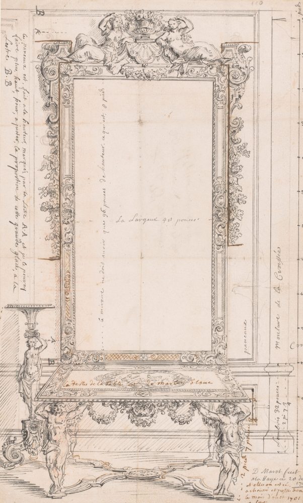 Design for a gilt-wood pier table, pier glass and candlestand Daniel Marot (Paris 1661 – 1752 The Hague) The Hague, 1700-1701 Pen and black and brown ink, over a sketch in black chalk. – 404 × 245 mm Amsterdam, Rijksmuseum, inv. no. RP-T-1889-A-1945