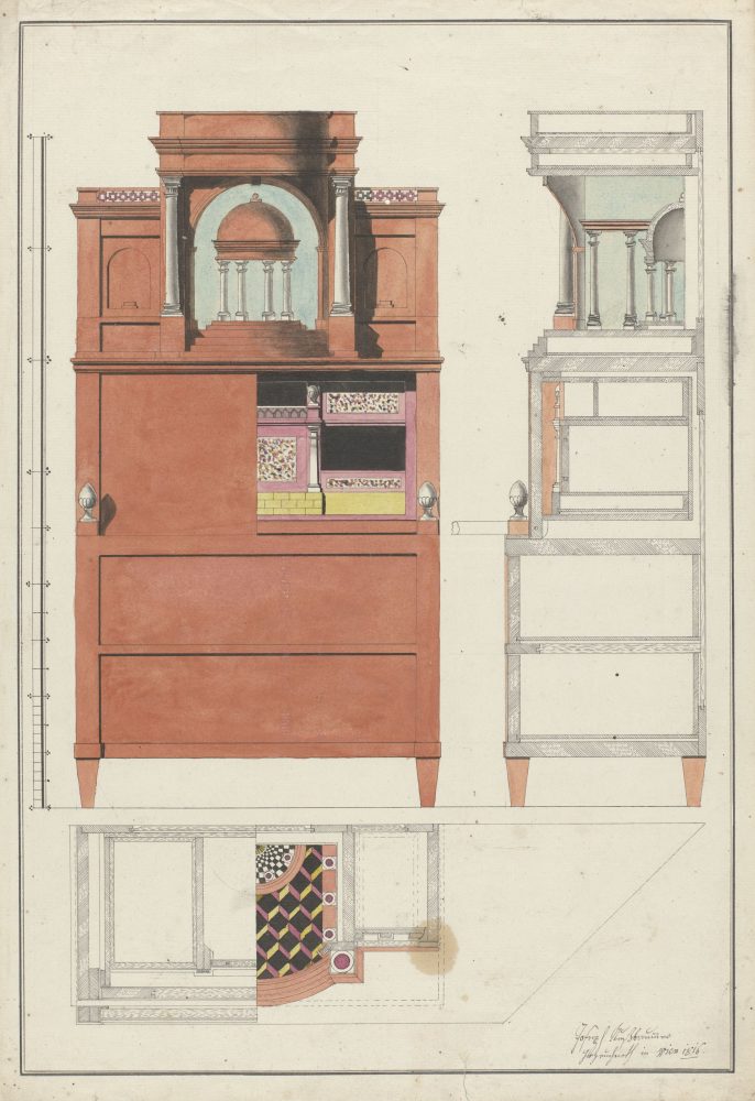 Design for a secretaire Joseph Nussbaumer Vienna, 1816 Pen and black ink, watercolour, over remnants of sketches in black chalk. – 453 × 312 mm Amsterdam, Rijksmuseum, inv. no RP-T-2013-52