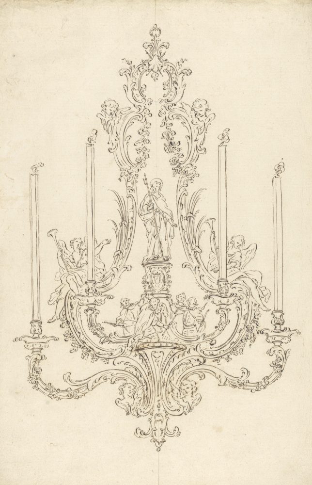 Design for a chandelier of silver and gilt bronze Luigi Valadier (Rome 1726 – 1785 Rome) Rome, c. 1764 Pen and brown ink, over a sketch in black chalk. – 445 × 291 mm Amsterdam, Rijksmuseum, inv. no. RP-T-2019-9