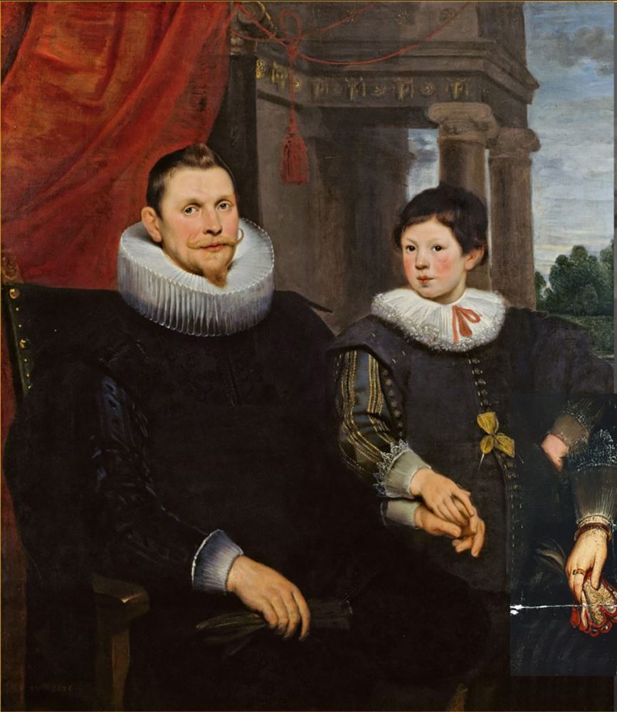 An unframed Double Portrait of a Father and Son (1626), with a woman’s hand visible on the right. Photo: The Nivaagaard Collection.