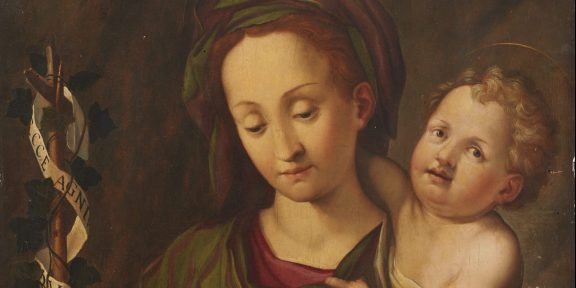 Santi di Tito (Sansepolcro, 1536 - Firenze, 1603) - Madonna con Bambino e San Giovannino. Olio su tavola, cm 78x56. Timbro in ceralacca e iscrizione a fuoco al verso. Stima € 35.000 - 40.000