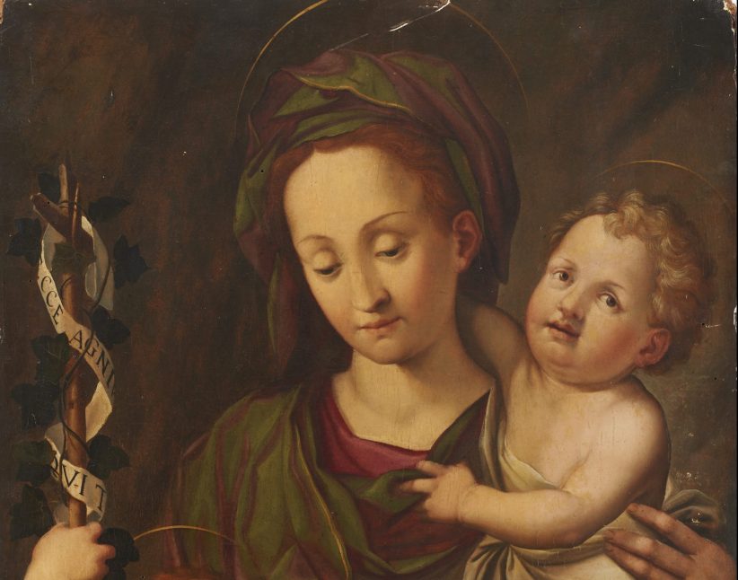 Santi di Tito (Sansepolcro, 1536 - Firenze, 1603) - Madonna con Bambino e San Giovannino. Olio su tavola, cm 78x56. Timbro in ceralacca e iscrizione a fuoco al verso. Stima € 35.000 - 40.000