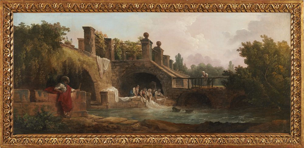 Lotto 155 Hubert Robert (Parigi, 1733 - Parigi, 1808) - Paesaggio con lavandaie presso un ponte. Olio su tela, cm 51x116. In cornice. Stima € 35.000 - 40.000