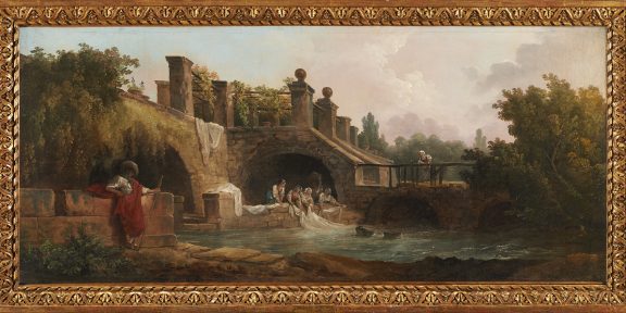 Lotto 155 Hubert Robert (Parigi, 1733 - Parigi, 1808) - Paesaggio con lavandaie presso un ponte. Olio su tela, cm 51x116. In cornice. Venduto € 37.800