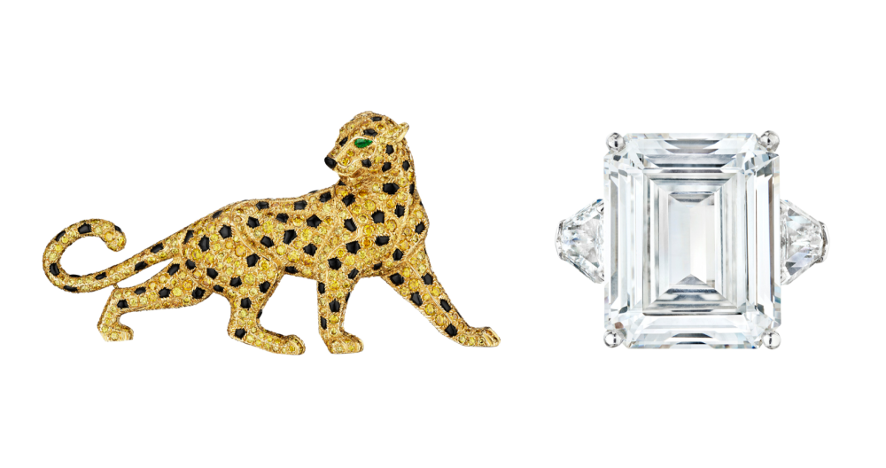 Left: Cartier coloured diamond, onyx and emerald ‘Panthère de Cartier’ brooch. Estimate: $100,000-150,000. Right: An important diamond ring, emerald-cut diamond of 20.54 carats. Estimate: $1,200,000-1,800,000.