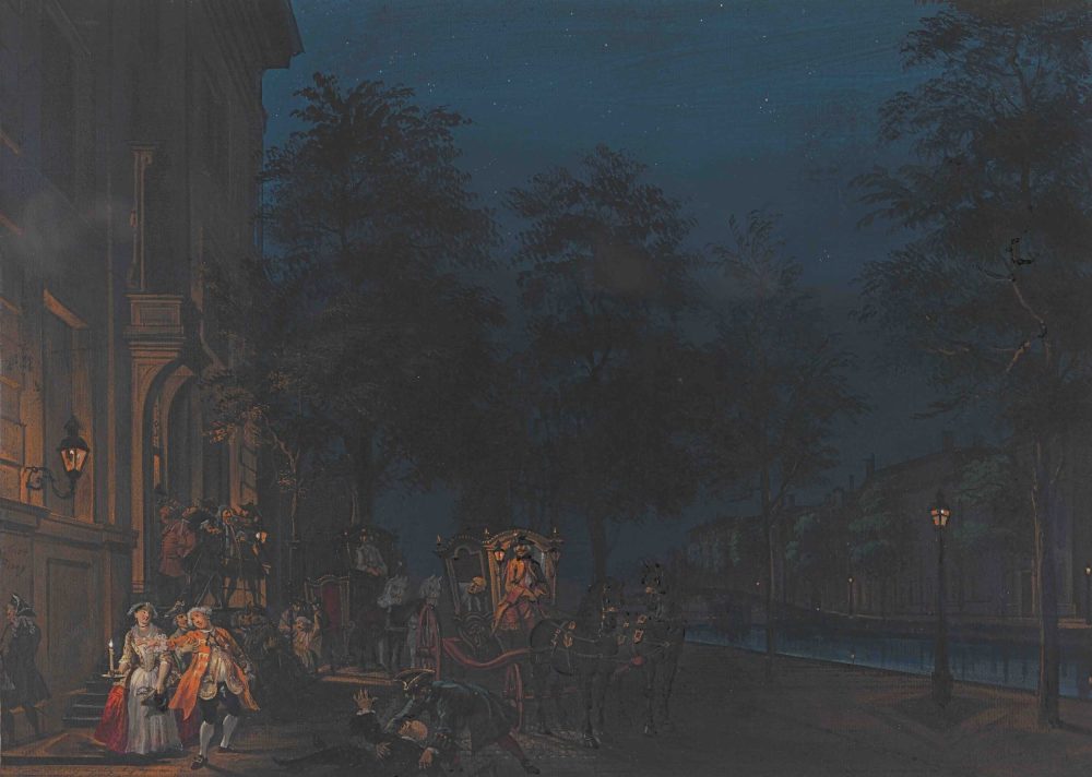 Cornelis Troost (Amsterdam 1696 – 1750 Amsterdam), Going Home, after a Joyous Celebration in a Bourgeois Canal-side Residence, 1749 Gouache. – 298 × 417 mm Royal Museums of Fine Arts of Belgium, inv. 4060/3645 Photo © johan@artphoto.solutions