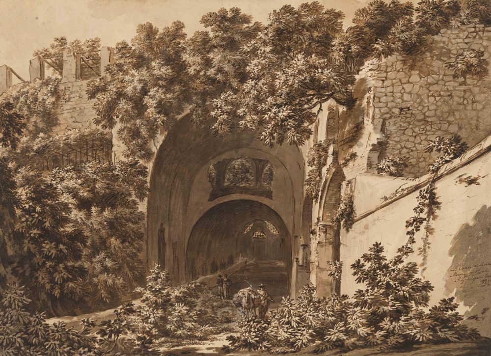 Jean Grandjean (Amsterdam 1752 – 1781 Rome), View of the Via Tiburtina below the (so-called) Villa of Maecenas at Tivoli, 1779 Pen and brush and brown ink, brown, grey and grey-green wash, heightened with white gouache, over a sketch in black chalk. – 414 × 568 mm Royal Museums of Fine Arts of Belgium, inv. 4060/1419 Photo © johan@artphoto.solutions