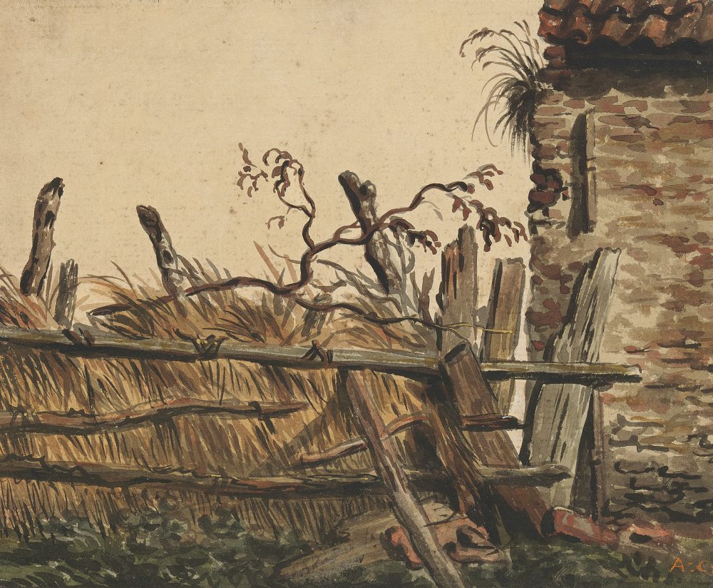 Simon Andreas Krausz (The Hague 1760 – 1825 The Hague), A Small Derelict Barn with a Thatched Roof, near a House Pen and brush with brown and grey ink, watercolour, gouache. – 148 × 179 mm Royal Museums of Fine Arts of Belgium, inv. 4060/2077 Photo © johan@artphoto.solutions