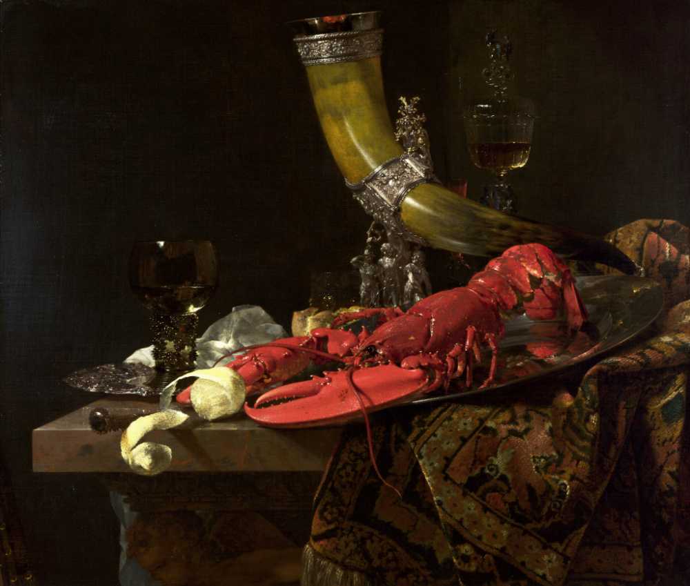 Willem Kalf, Still Life, Still Life with Lobster, Drinking Horn and Glasses (1653). Collection of the National Gallery.