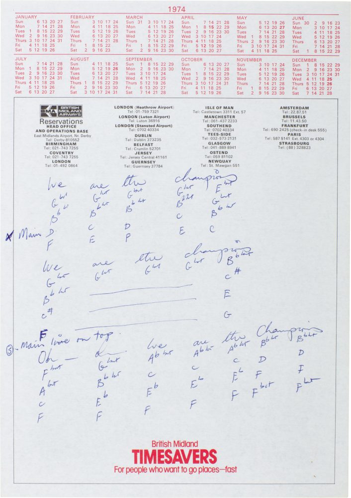 Autograph draft working lyrics for We Are The Champions, c.1977, © Queen Music Ltd - Sony Music Publishing UK Ltd (2) -min