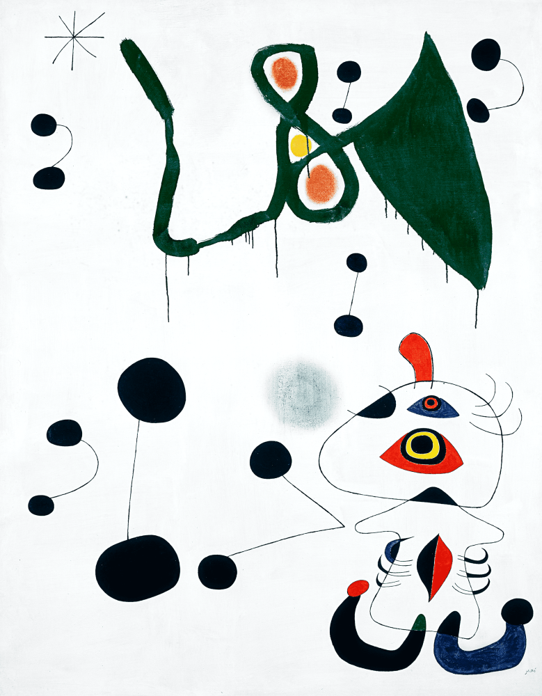 Joan Miró Woman and Bird in the Night (Femme et oiseau dans la nuit), 1945 Oil on canvas 146 x 114 cm Fundació Joan Miró, Barcelona. Long-term loan from private collection © Successió Miró, 2023