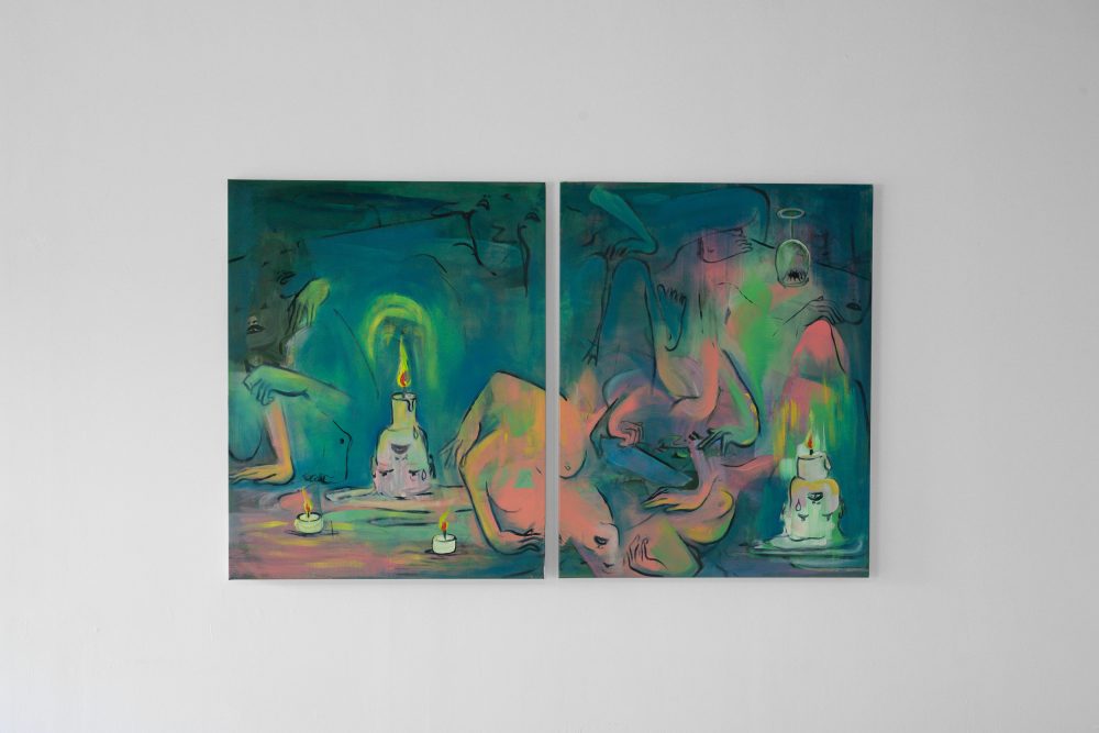 Lauren Wy, Spider and Wax, oil on canvas, 126 x 200 cm (diptych), 2022