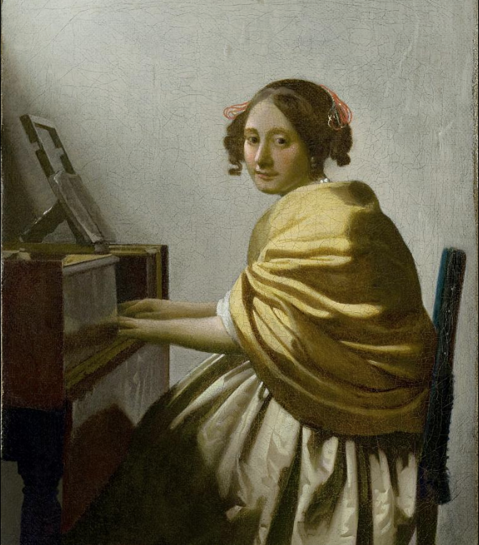 Johannes Vermeer, Young Woman Seated at a Virginal (ca. 1670–1672). Collection of the Leiden Collection, New York.