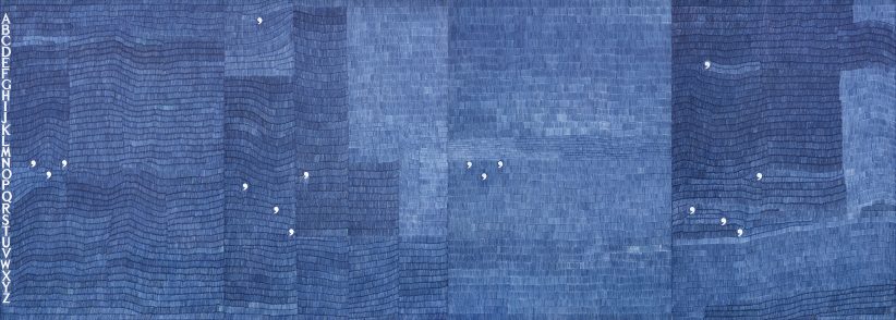 Alighiero Boetti, non parto non resto, 1981 circa, penna a sfera blu su carta, quattro elementi, 102 x 72 cm (ciascun elemento), stima € 400.000 – 600.000