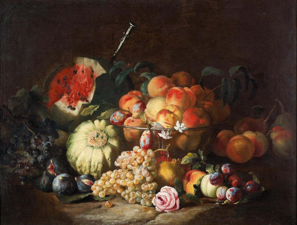 Abraham Bruegel, Uva, fichi, anguria con un coltello d’argento, pesche ed altri frutti in una fruttiera con una rosa su un piano en plain air