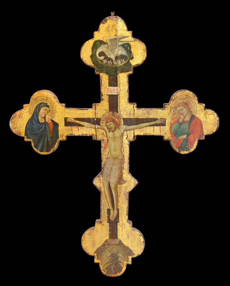 PACINO DI BONAGUIDA [Firenze 1267 - Firenze, circa 1337] (attribuito a) Croce processionale lignea doppia, sagomata e dipinta a tempera con foglia d'oro,