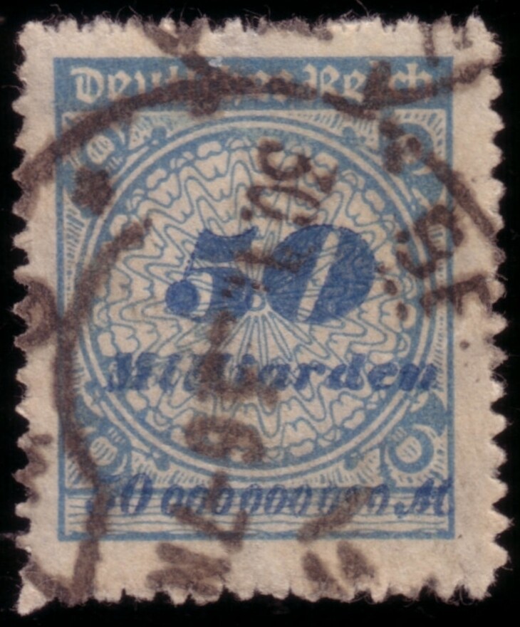 Lotto 109 GERMANIA 1923. 50 Miliardi di marchi azzurro e azzurro scuro, perforato a zig-zag. Cert. D. Weinbuck. Used(Mi. 330B, Un. 330). Stima € 100 - 150