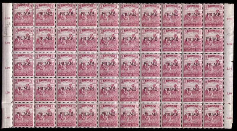 Lotto 43 FIUME 1918. "Mietitori". 3f. lilla violetto di Ungheria con soprastampa a mano del II tipo, blocco di 50 esemplari. Piega lungo la dentellatura tra la 4a e 5a 1la. L'esemplare in pos. 50 presenta varietà non catalogata "FIUML". Cert. M. Raybaudi MNH (Sass. 5/II). Stima € 500 - 700