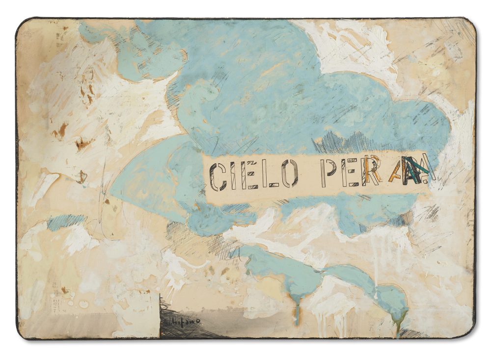 Lotto 85 Mario Schifano, "Cielo per A." 1964, smalto, gra1te, matita e riporto di stampa a trielina su carta intelata dall'artista, cm 62x89,5. Firmato in basso al centro. Venduto € 327.600