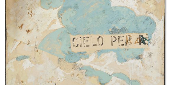 Lotto 85 Mario Schifano, "Cielo per A." 1964, smalto, gra1te, matita e riporto di stampa a trielina su carta intelata dall'artista, cm 62x89,5. Firmato in basso al centro. Venduto € 327.600