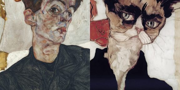 Left: Egon Schiele, detail of Self-Portrait with Chinese Lantern Plant (1912). Collection of the Leopold Museum, Vienna. Right: A.I. picture generated on Midjourney by Vienna Tourist Board. Photos: © Leopold Museum and Vienna Tourist Board.