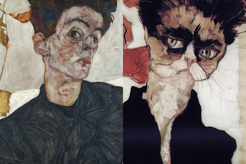 Left: Egon Schiele, detail of Self-Portrait with Chinese Lantern Plant (1912). Collection of the Leopold Museum, Vienna. Right: A.I. picture generated on Midjourney by Vienna Tourist Board. Photos: © Leopold Museum and Vienna Tourist Board.