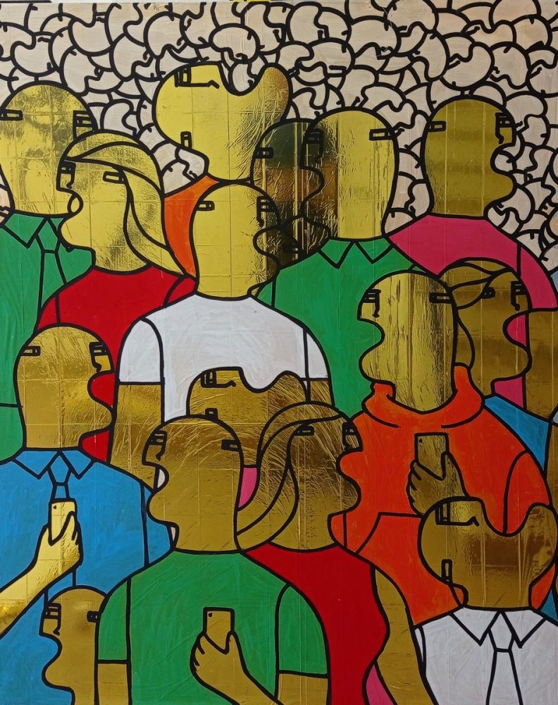 Fabrizio Dusi, Folla , 2023 Pannello in forex ricoperto di materiale isotermico dorato disegnato e dipinto, double face , cm 170x140 Fronte Courtesy of the Artist