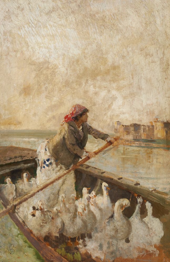 Lotto 143 Mosè Bianchi (Monza 1840 - 1904) “La barca delle oche”, olio su compensato, cm 75x49,5. Stima € 3.500 - 4.500